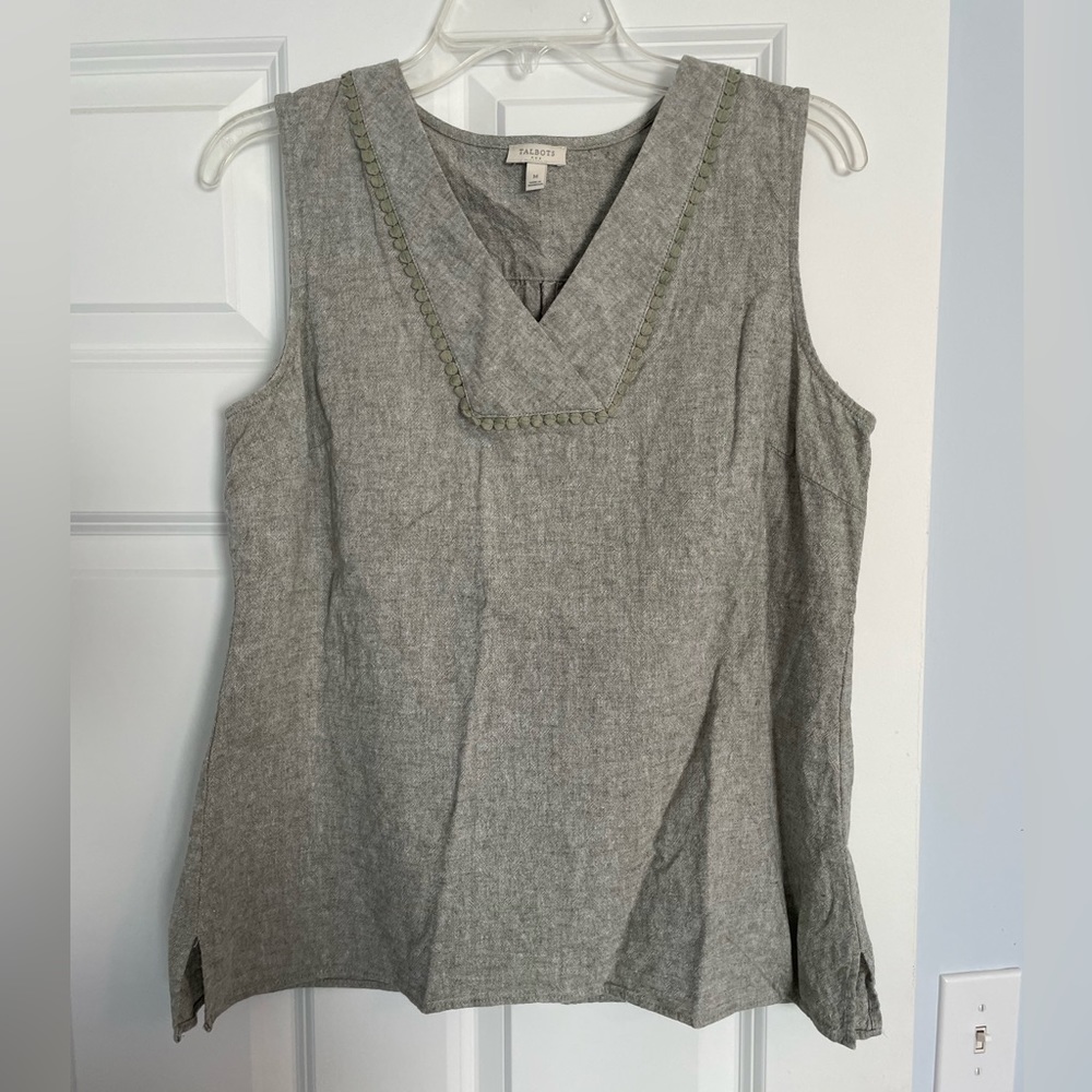Talbots sage green linen blend top